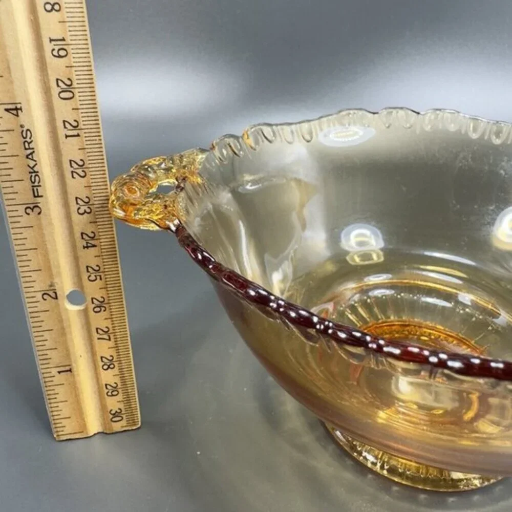 Vintage Gadroon Edges Amber Glass Footed Dish Bowl Container With Handles VTG‎